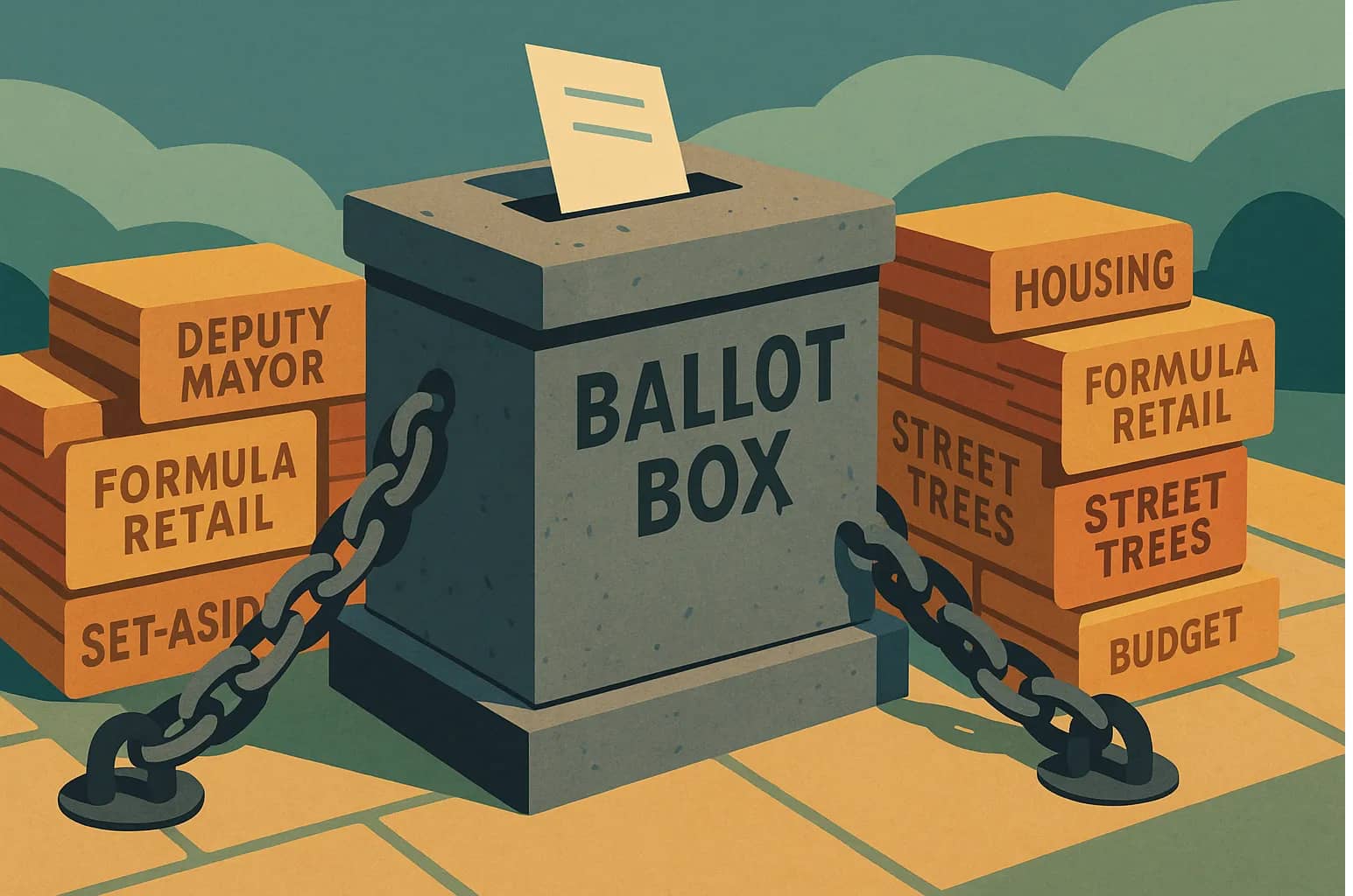 A stone ballot box chained to the ground