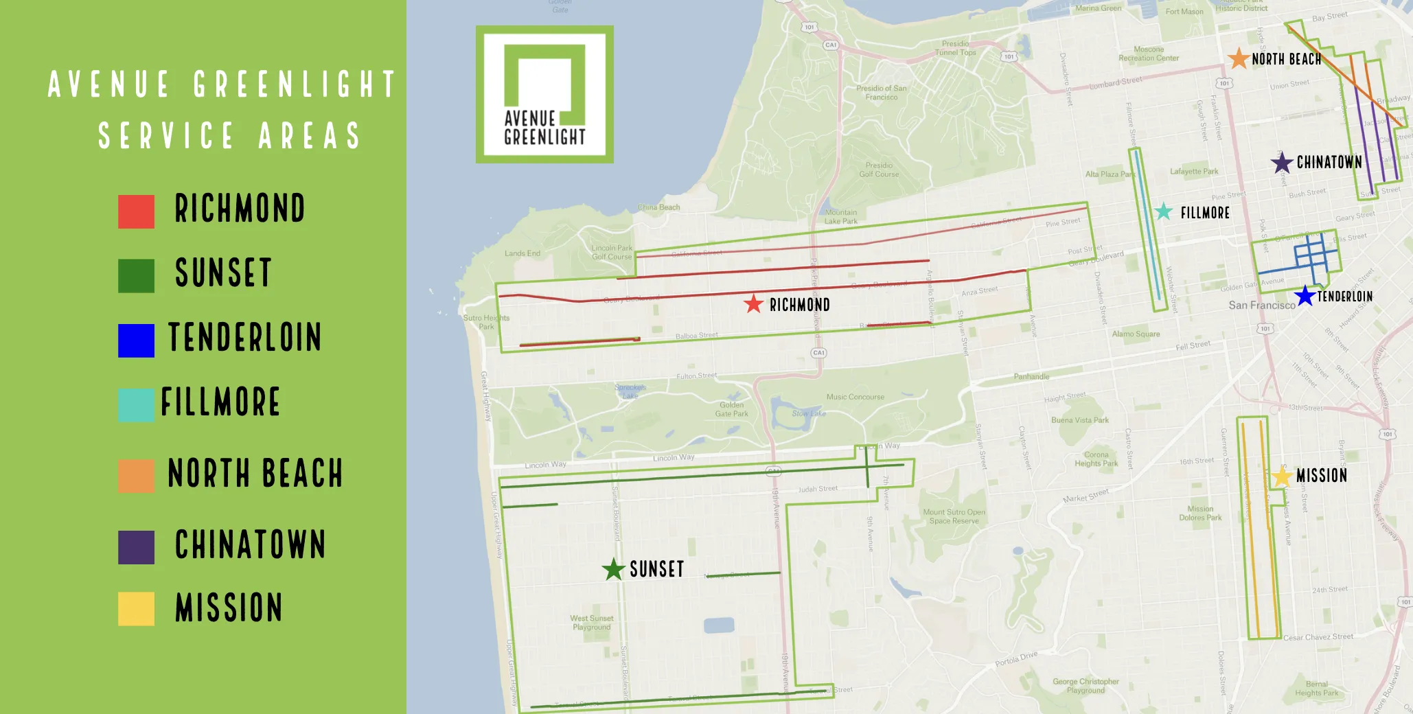Map of the seven neighborhoods where Avenue Greenlight will be power-washing sidewalks.