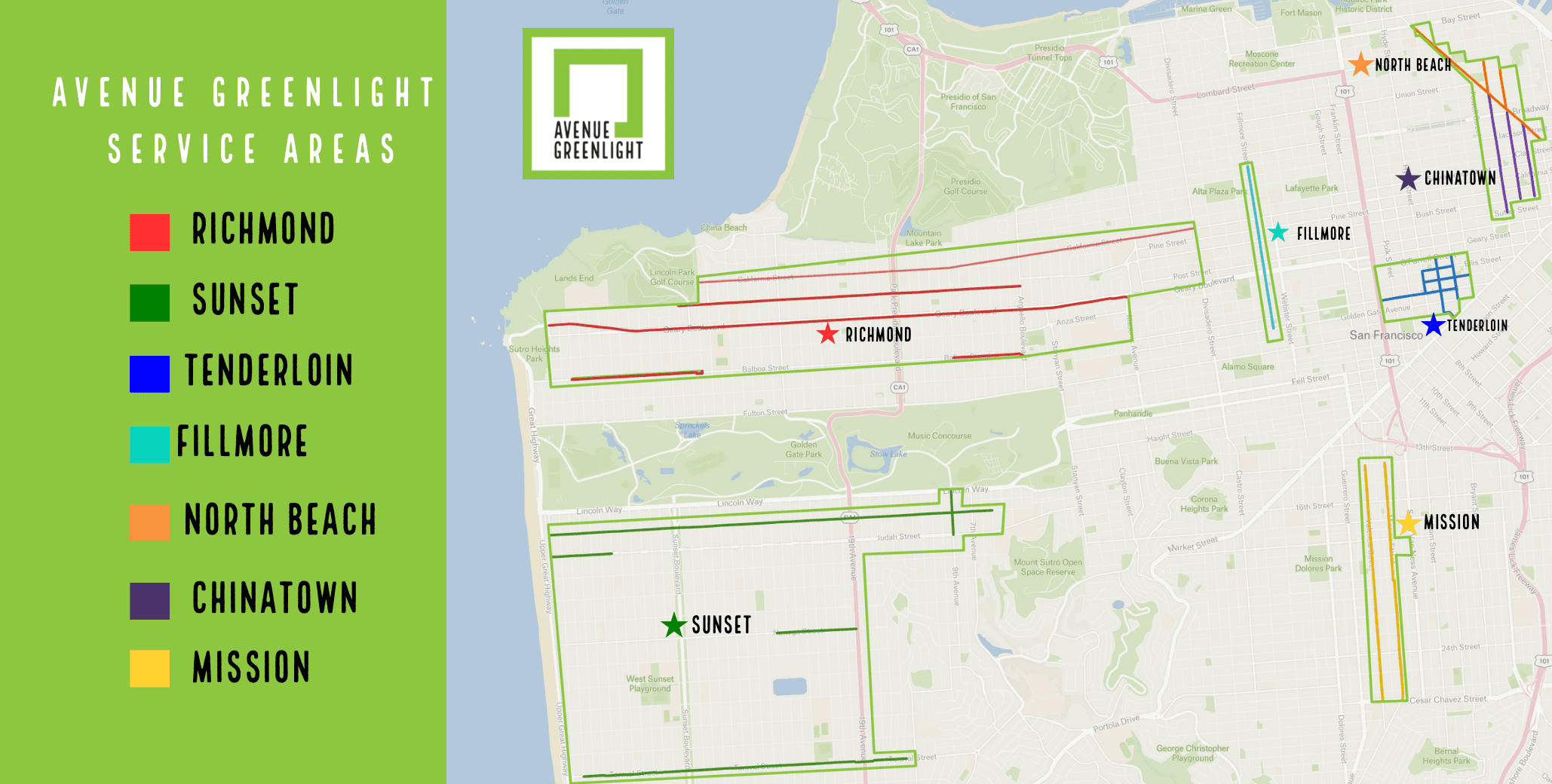 Map of the seven neighborhoods where Avenue Greenlight will be power-washing sidewalks.