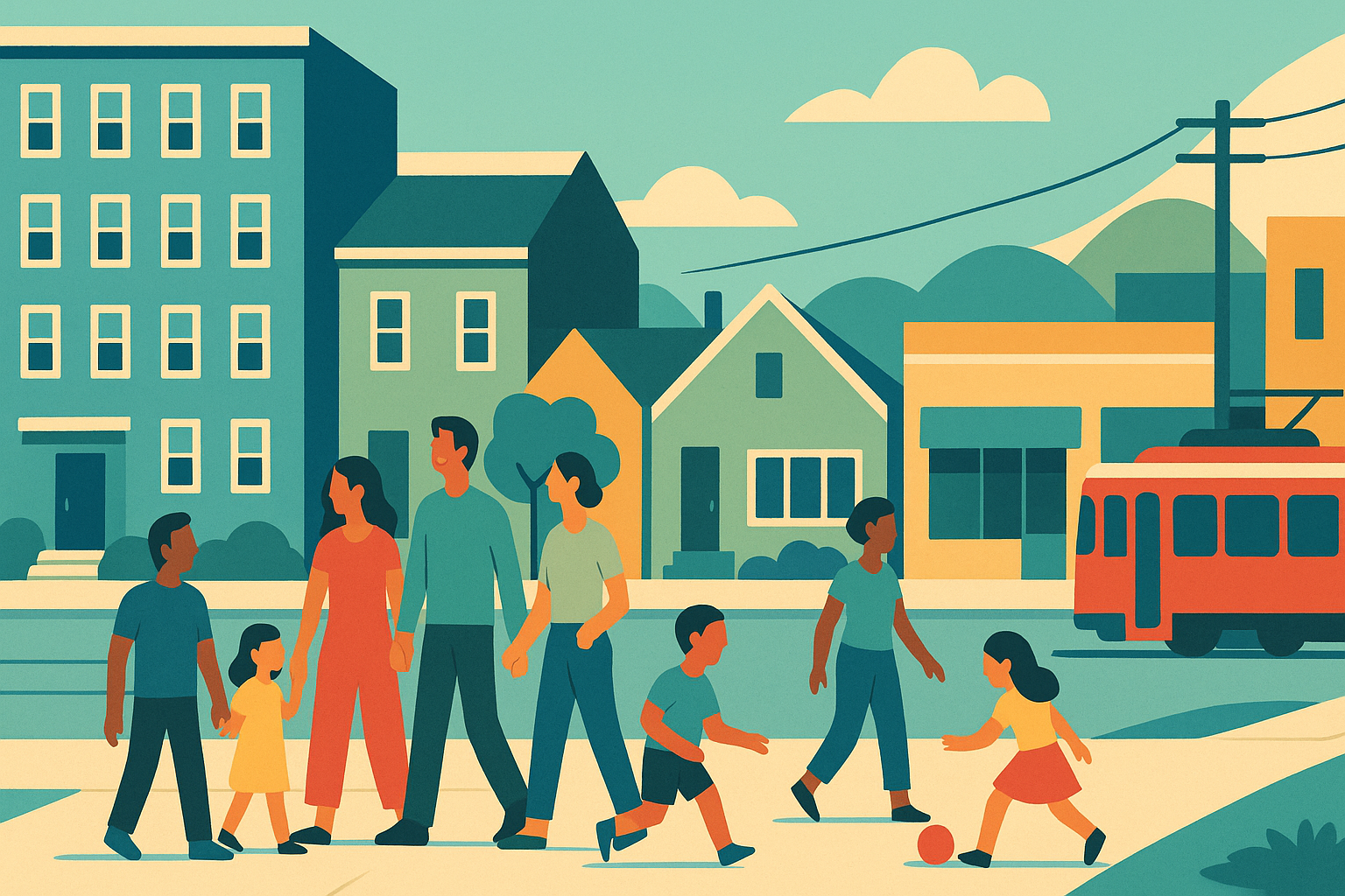 Illustration showing people, homes, and transit in San Francisco
