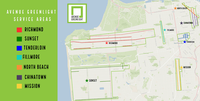 Map of the seven neighborhoods where Avenue Greenlight will be power-washing sidewalks.