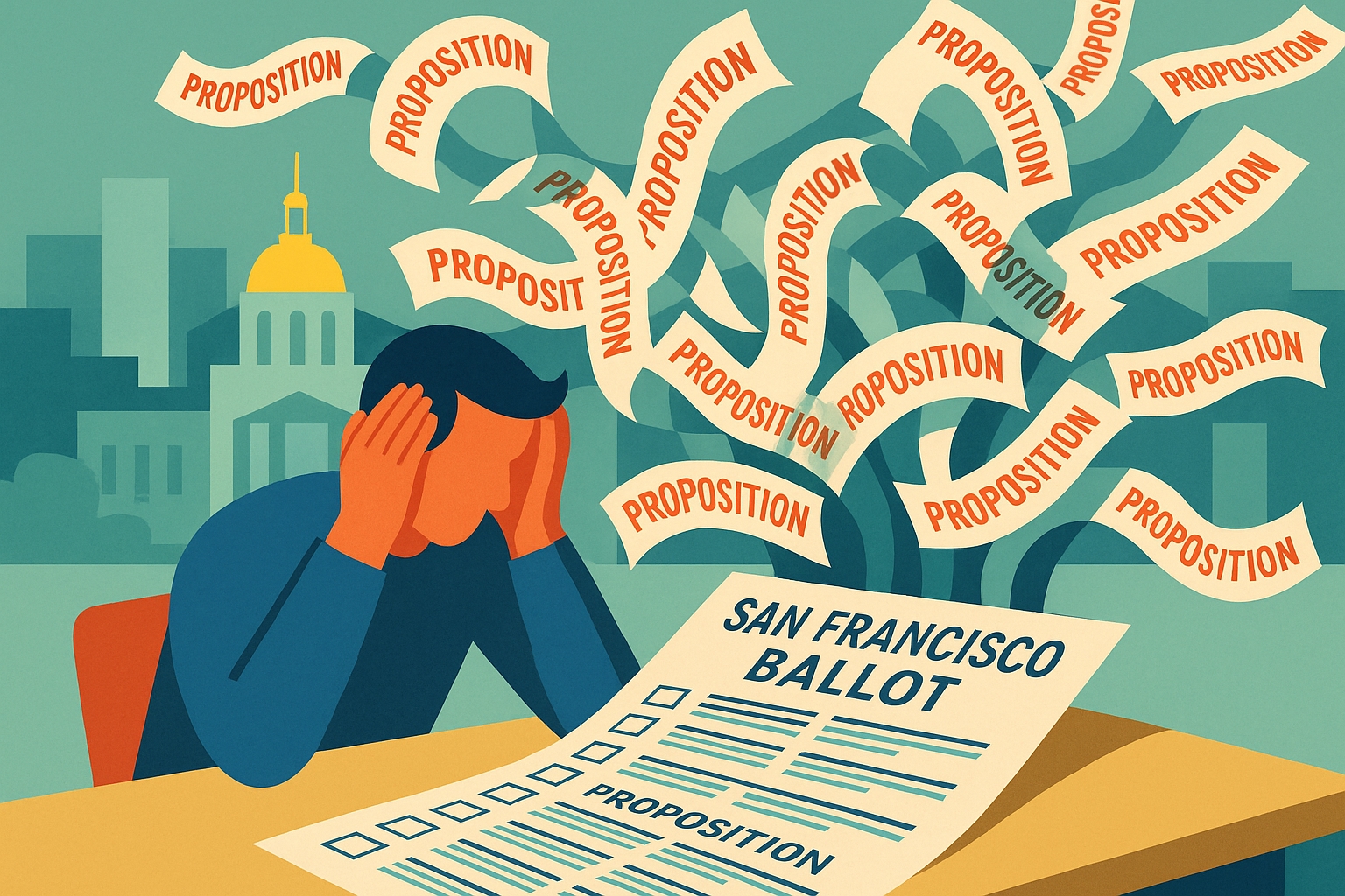A person overwhelmed by a long ballot with many measures
